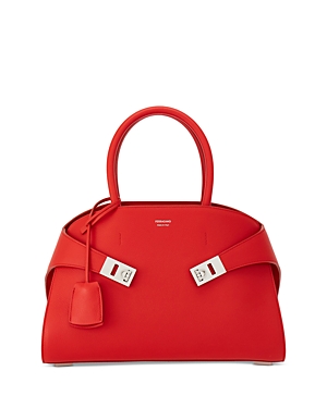 Ferragamo Hug Top Handle Leather Handbag In Flame Red/silver