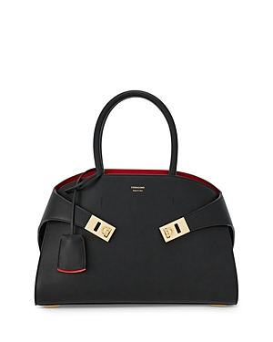 Shop Ferragamo Small Hug Leather Top Handle Bag In Black/gold