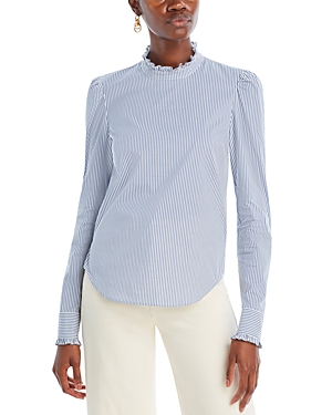 Veronica Beard Alford Cotton Striped Button Back Shirt In Blue/off White