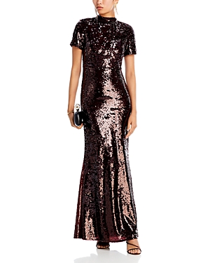 Shop Self-portrait Mock Neck Sequin Gown In Brown