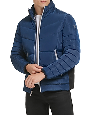 Kenneth Cole Mixed Media Quilted Puffer Jacket In Marine