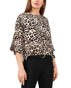 Vince Camuto Printed Round Neck Top In Natural Tan