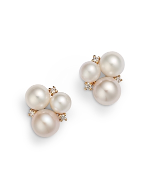 Bloomingdale's Cultured Freshwater Pearl & Diamond Cluster Stud Earrings In 14k Yellow Gold In White/gold