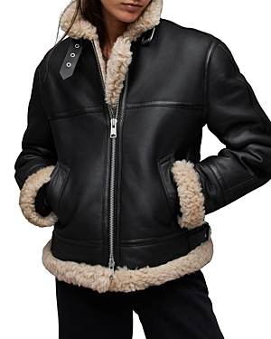Allsaints Lorel Genuine Shearling Flight Jacket In Black