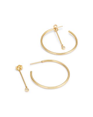 14K Yellow Gold Diamond Dangle Post Front to Back Hoop Earrings
