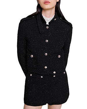 Shop Maje Vateau Cropped Tweed Jacket In Black