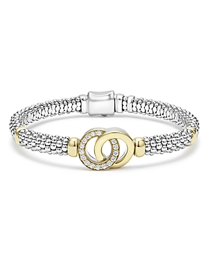 Lagos Sterling Silver & 18K Yellow Gold Diamond Interlocking Caviar Bracelet