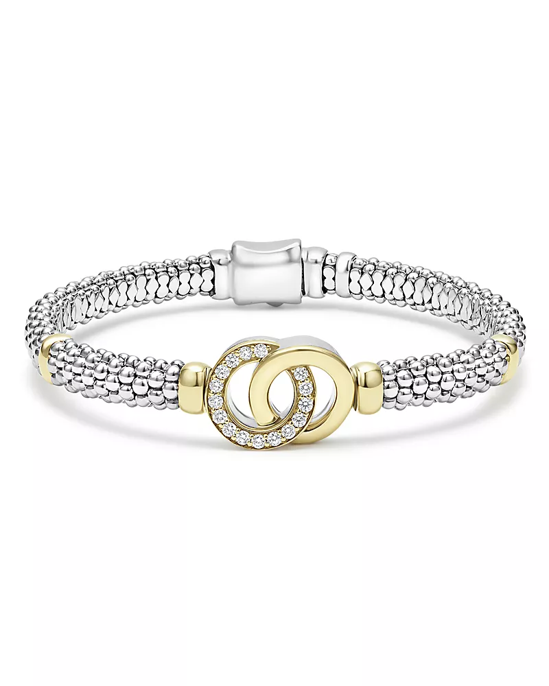 Lagos Sterling Silver & 18K Yellow Gold Diamond Interlocking Caviar Bracelet