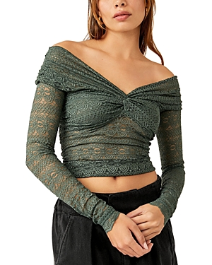 Free People Hold Me Closer Lace Off The Shoulder Crop Top In Silver Pine