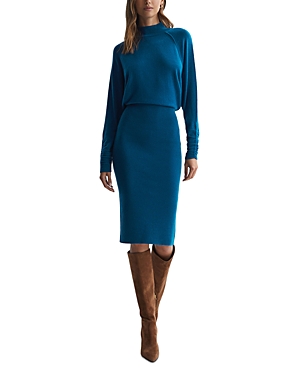 Reiss Freya Turtleneck Wool-blend Knitted Midi Dress In Blue