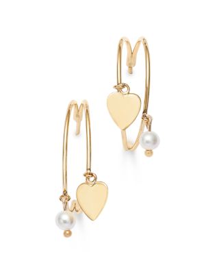 14K Yellow Gold Freshwater Pearl & Polished Heart Dangle Hoop Earrings