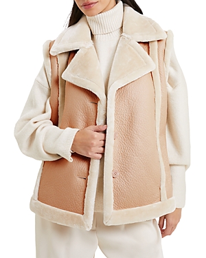 French Connection Belen Faux Fur Trim Faux Leather Vest In Toasted Almond
