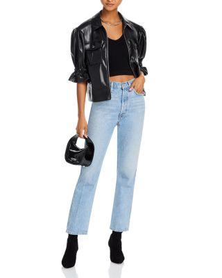 Faux Leather Puff Sleeve Jacket