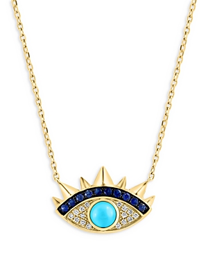 Bloomingdale's Blue Sapphire, Turquoise & Diamond Evil Eye Pendant Necklace In 14k Yellow Gold, 16-18 In Blue/gold