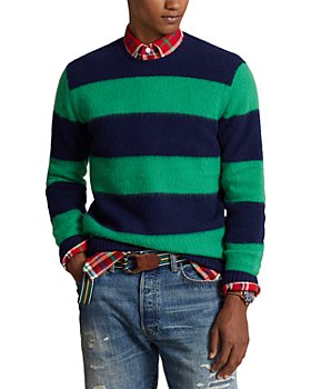Polo Ralph Lauren - Wool & Cashmere Striped Suede Trimmed Regular Fit Crewneck Sweater 