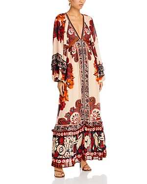 Winter Tapestry Plunging Neck Maxi Dress