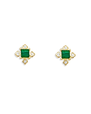 14K Yellow Gold Emerald & Diamond Stud Earrings