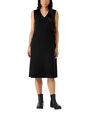 Shop Eileen Fisher Sleeveless Wool V Neck Dress In Black
