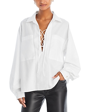 Shop Mother The Roomie Lace Up Blouse In Fresh Face