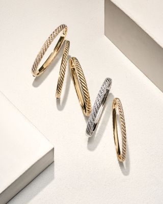 Sculpted Cable Bangle Bracelet in 18K White Gold with Diamonds, 6.2mm