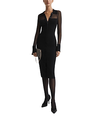 Reiss Black Nala Sheer Knitted Button-through Midi Dress In Black