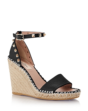 Valentino Women's Studded Ankle Strap Espadrille Wedge Sandals In Black