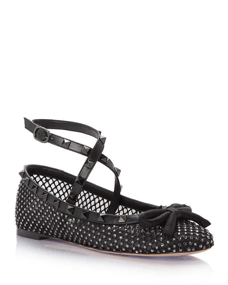 Valentino Rockstud Mesh Ballerina With Crystals And Matching Studs In Black/diamond