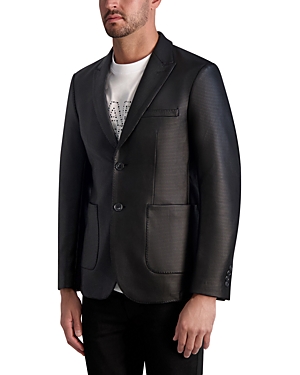 Shop Karl Lagerfeld Paris Glossy Textured Houndstooth Slim Fit Blazer In Black