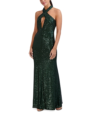 Laundry By Shelli Segal Sequin Cutout Halter Gown In Green