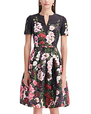 Shop Oscar De La Renta Floral Print Short Sleeve Dress In Pink/black