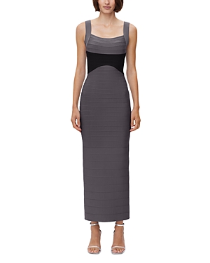 Herve Leger Color Block Bandage Gown In Iron Black Combo