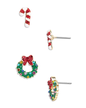 Baublebar Much Mistletoeing Color Pave Candy Cane & Wreath Stud Earrings in Gold Tone, Set of 2