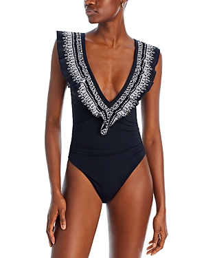 Ramy Brook Tinsley Embroidered One Piece Swimsuit In Black White