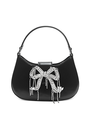 Self-portrait Black Hobo Bag With Swarowski Bow Detail In Glossy Leather Woman In Black/silver