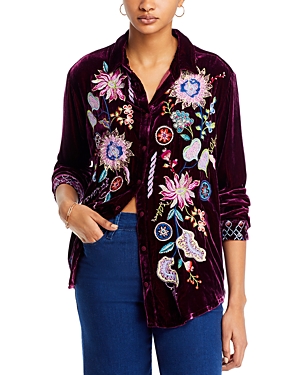 Shop Johnny Was Pacifica Embroidered Velvet Blouse In Egg Plant