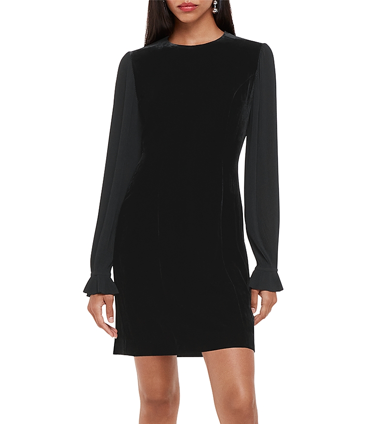 Whistles Velvet Pleat Sleeve Mini Dress