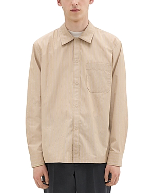 Shop Theory Project Striped Cotton Blend Shirt Jacket In Camel/ Jewel