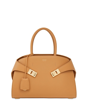 Shop Ferragamo Small Hug Leather Top Handle Bag In Light Camel/gold