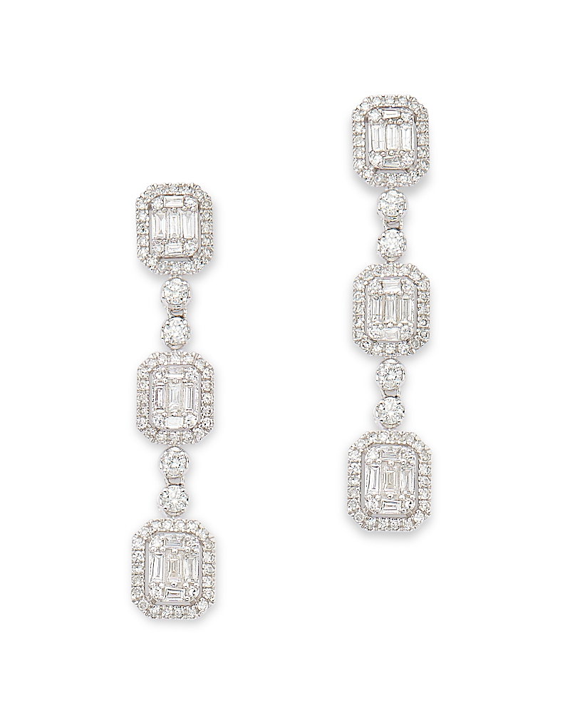Bloomingdale's Diamond Mosaic Round & Baguette Halo Cluster Drop Earrings In 14k White Gold, 1.0 Ct. T. W. In White
