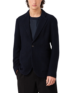 Emporio Armani Official Store Single-breasted Jacket In A 3d-effect Prince Of Wales Check Virgin-wool Blend Bouclé In Solid Dark