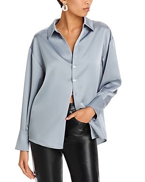 Aqua Satin Button Front Blouse - 100% Exclusive In Grey