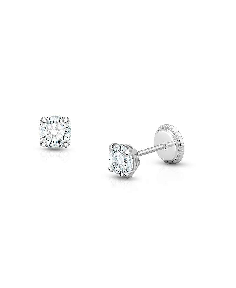 Tiny Blessings Girls' 14k Gold 4mm Round Cut Studs Screw Back Earrings - Baby, Little Kid, Big Kid In K White Gold