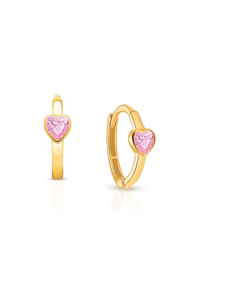 Tiny Blessings Girls' 14k Gold True Love Pink Heart Huggie Hoop Earrings - Little Kid, Big Kid In K Yellow Gold