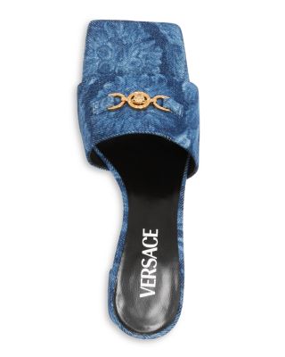 Versace Women's Baroque Print Denim Block Heel Slide Sandals
