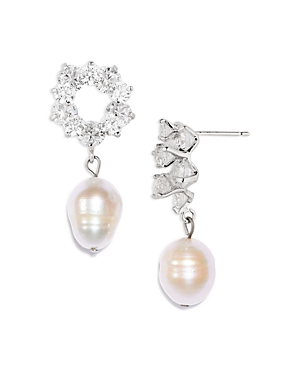 Cubic Zirconia & Imitation Pearl Drop Earrings in 14K Vermeil Plated Sterling Silver