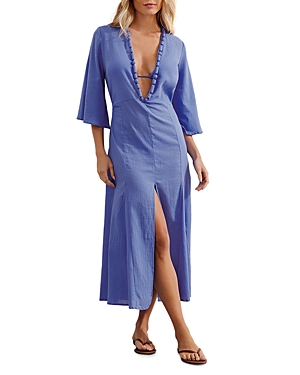 Vix Karlie Cotton V Neck Dress Swim Cover-up In Blue