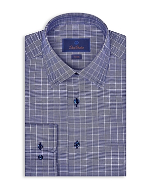 David Donahue Trim Fit Twill Grid Pattern Dress Shirt