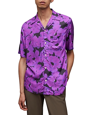 Shop Allsaints Kaza Relaxed Fit Printed Short Sleeve Camp Shirt In Electric Purple