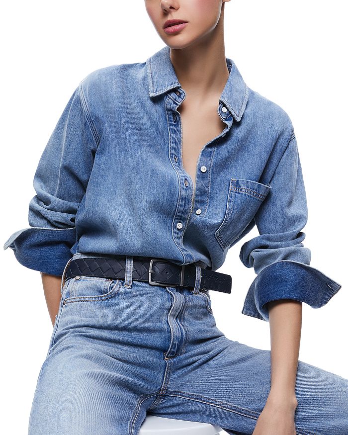 Shop Alice And Olivia Finely Oversized Button Front Denim Shirt In Sadie Light Vintage Blue