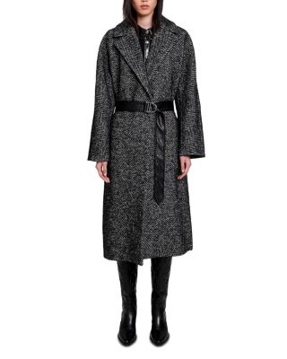 Maje Long Herringbone Coat For Fall/winter In Noir_blanc | ModeSens